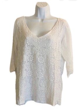 Gretchen Scott Designs White V-Neck Embroidered Tunic